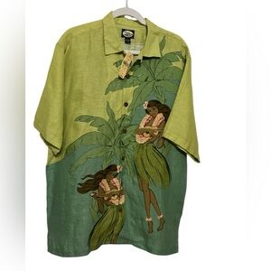 Tommy Bahama 100% Linen Hula Girl Hawaiian Button-Up Shirt - Green